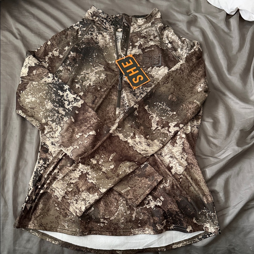 SHE Outdoorswomen Cowl-Neck Pullover Sweater in Brown Camo
